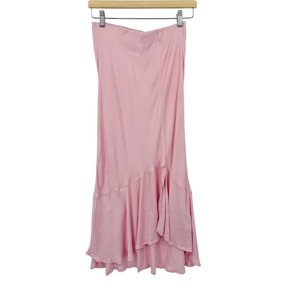 Anthropologie Satin Midi Skirt Womens XS Pink Ruffle Hem Viscose OB1479460